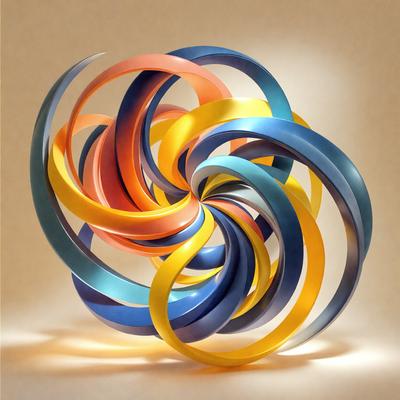 The primary subject of the image is a large, colorful sculpture made of intertwined blue, yellow, and orange strips. The sculpture is placed on a surface, possibly a table or a stand, and it appears to be a three-dimensional art piece. The setting or background of the image is a room with a light source, which highlights the sculpture and adds to the visual appeal of the piece. The visual style of the image is a combination of photo and digital art, as it captures the intricate details of the sculpture while also showcasing its vibrant colors. The colors and mood of the image are lively and energetic, with the blue, yellow, and orange strips creating a sense of movement and dynamism.